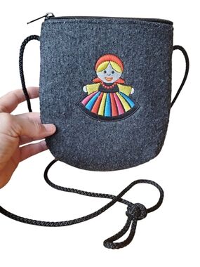 STUNNING Polish Folk Art Felted Wool Crossbody Bag. Charcoal